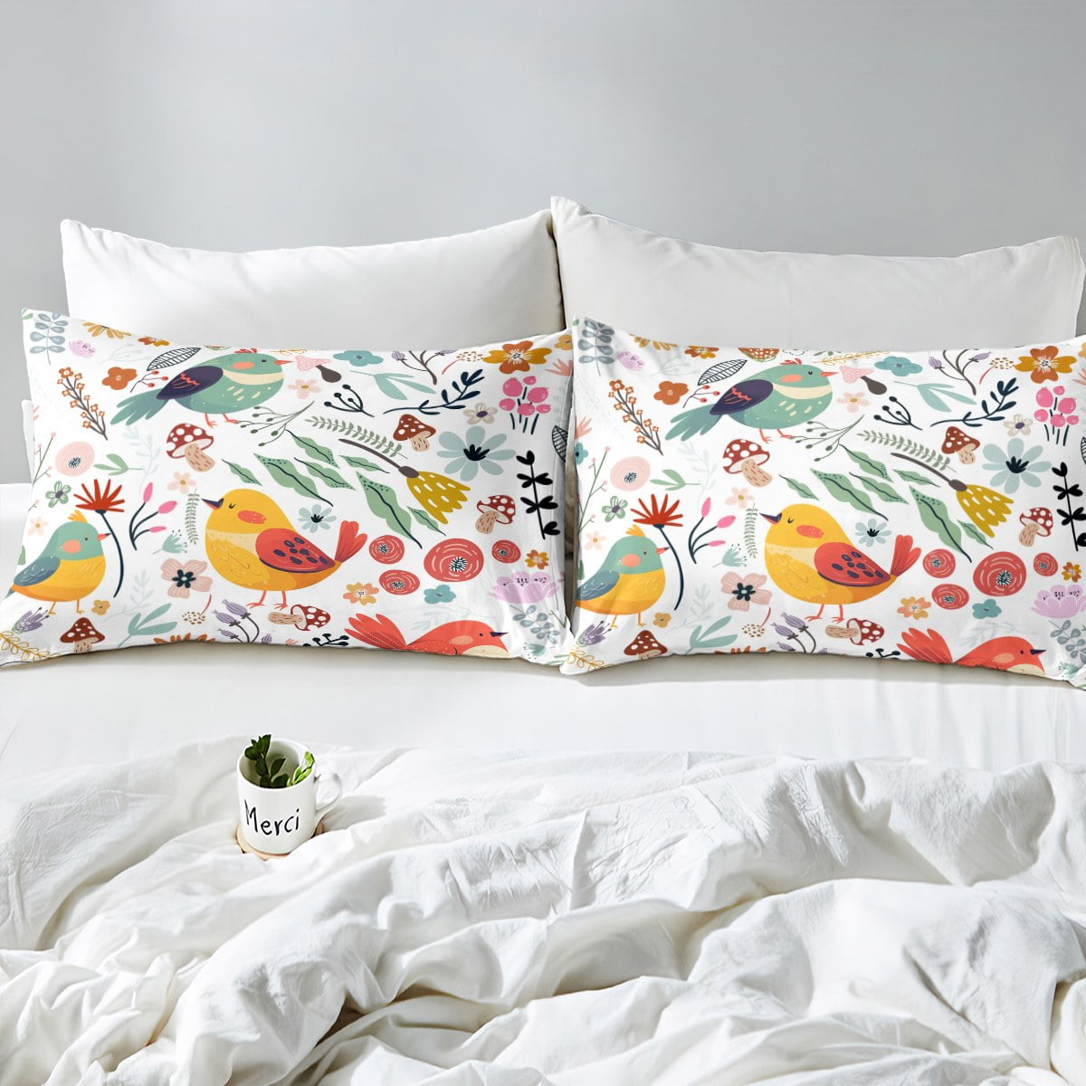 Kawaii Bird Full Bed Sheets for Boys,Mushroom Floral Sheets - Main Image