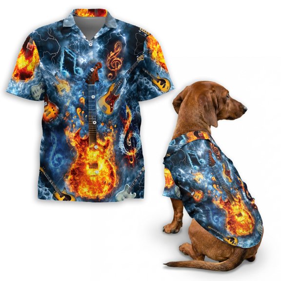 Guitar Hawaiian Shirt for Men and Dogs, Music Aloha Button Up Shirt, Summer Owner Pet Matching Outfit
