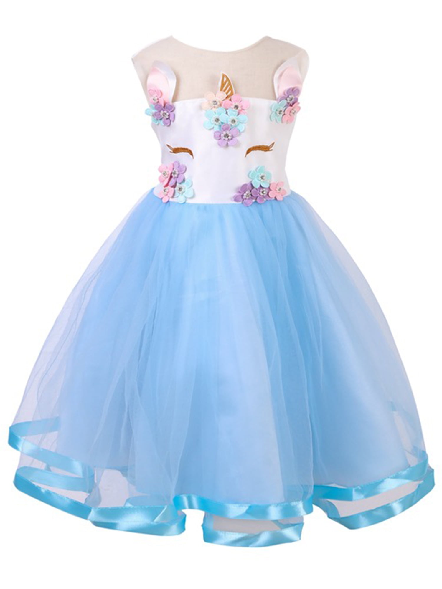 Childrens Girls Rainbow Unicorn Ruffled Tutu Tulle Dress Gown Costume 2-10T 39 