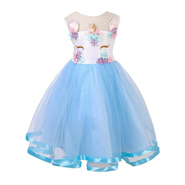 UKAP Robe d'Été Bébé Col Rond Robe de Soirée Sans Manches Robes Tutu Bloc de Couleur Été Bleu Lac 120