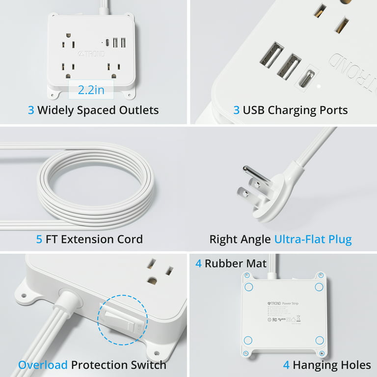 Flat Plug Power Strip, Thin Wall Plug with 3 Outlets 3 USB Charging  Station, 5 Ft White Extension Cord Compact for Home Office Travel and Dorm  Room