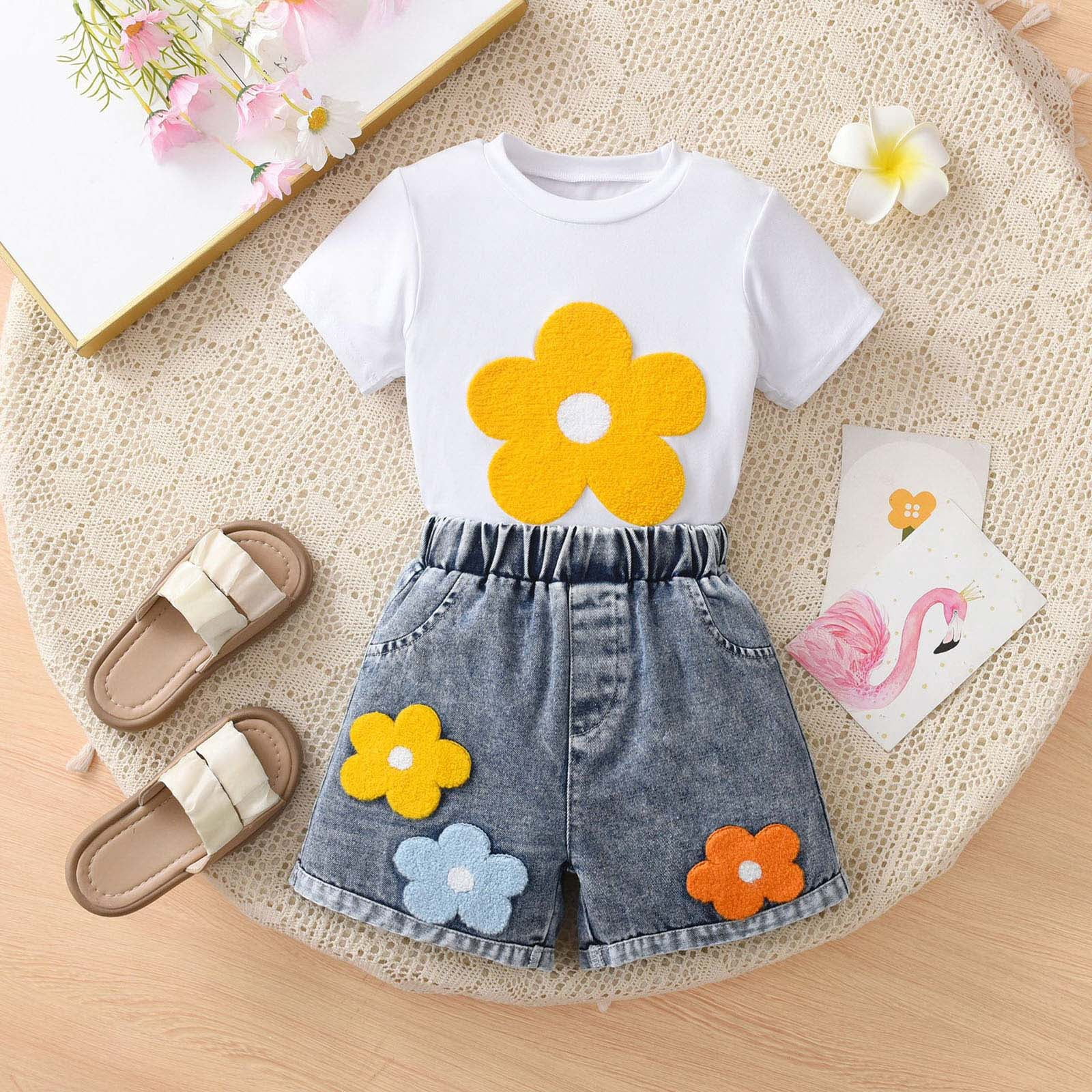 newwalpole Toddler Baby Girl Clothes Summer Floral Print Short Sleeve Tee Shirt Jeans Shorts Cute Outfit Girls Clothing Set White for Size 6-7 Years