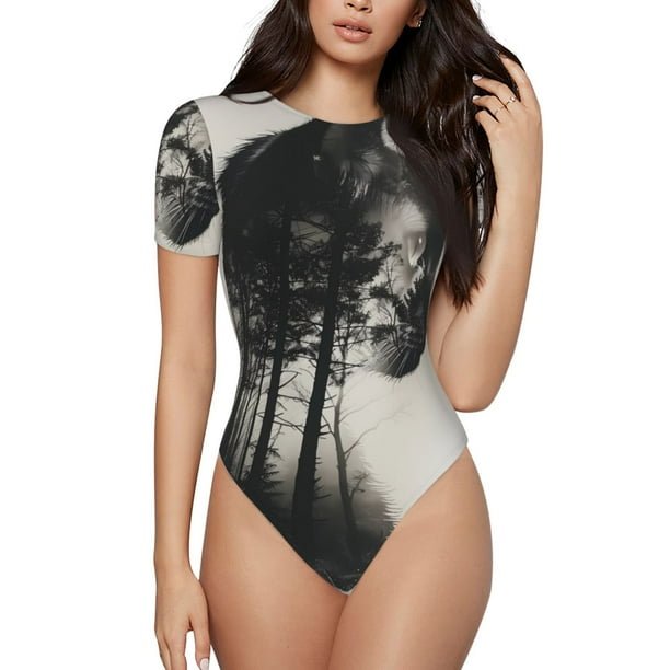 Fotbe Double Exposure Cat Forest Body de Mujer con Cuello Redondo y Mangas Cortas, Sin Mangas Ajustado, Suave, Cómodo y Básico-Medium