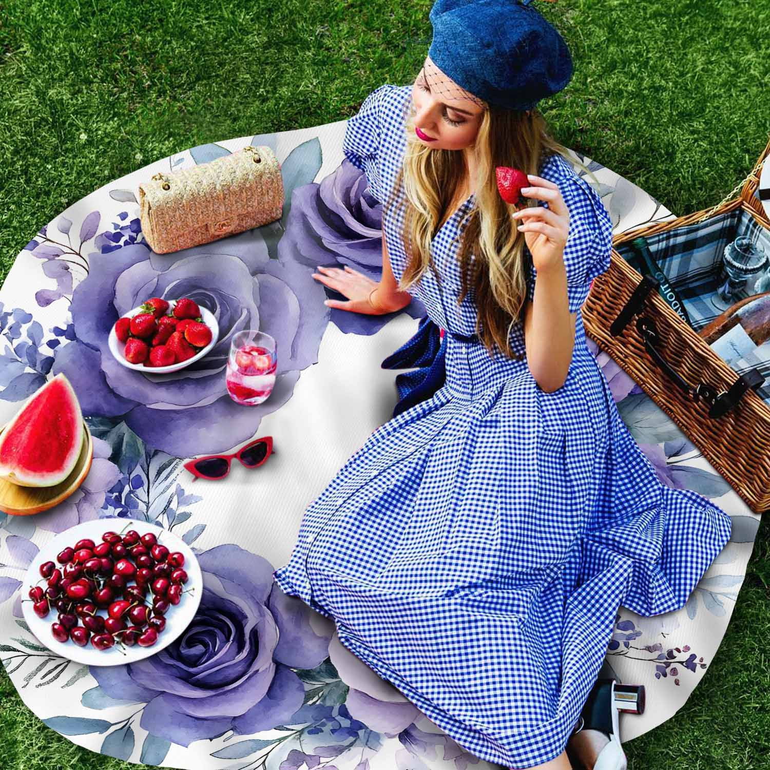 Round Tablecloth Purple Rose Waterproof Oil Proof Polyester Table Cloth Cover Decor for Home Dining Outdoor,Patio,Parties, 60" Dia. Watercolor Rustic Wreath