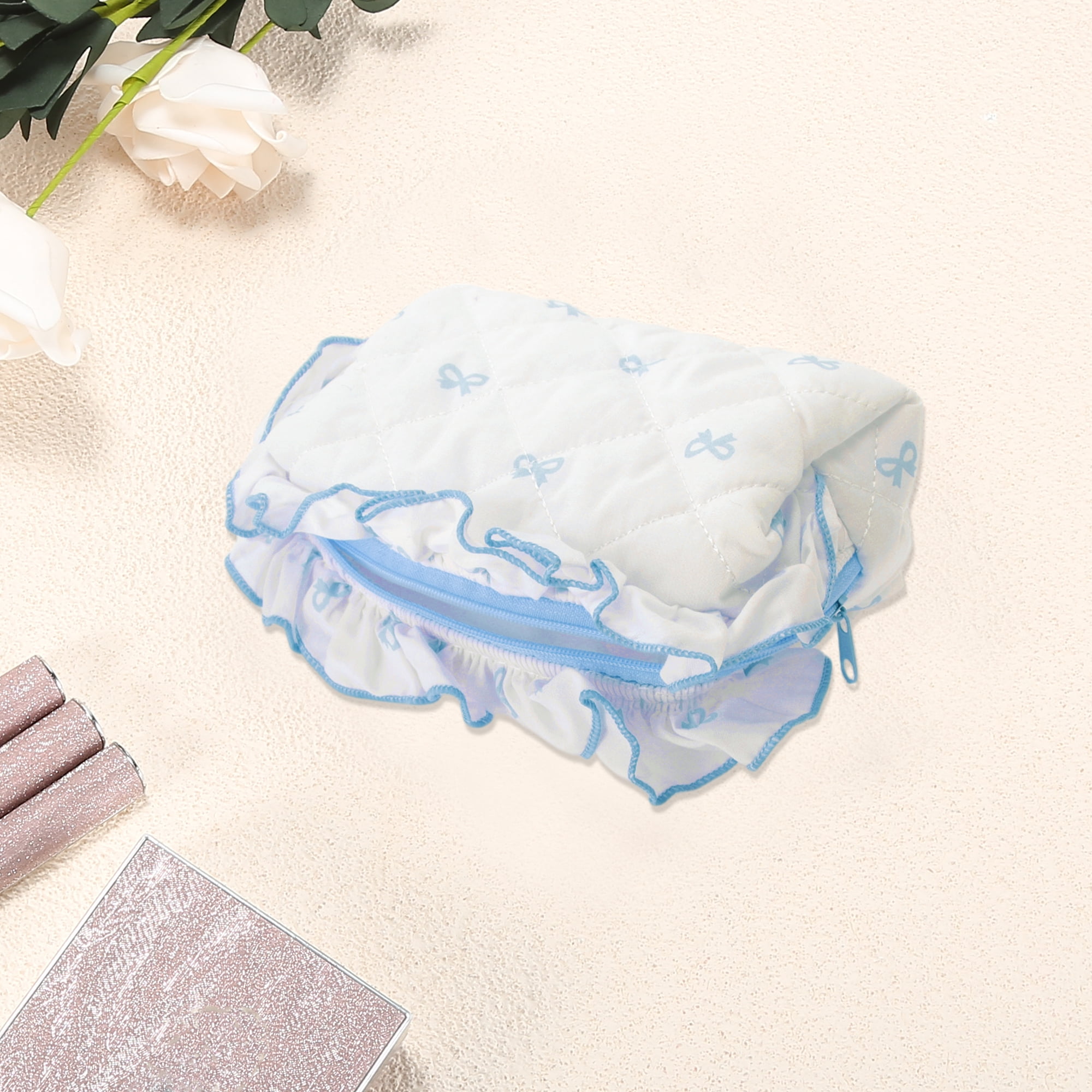 Unique Bargains 1 Pc Lace Bow Ruffles Makeup Bag for Everyday Use 3.15 in  Blue