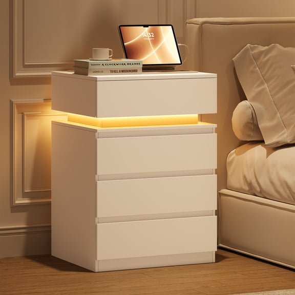 Hiphuta Set of 2 Bedside Table with Charge Station, Bedroom End Table with 4 Drawers, LED Nightstands for Living Room, White