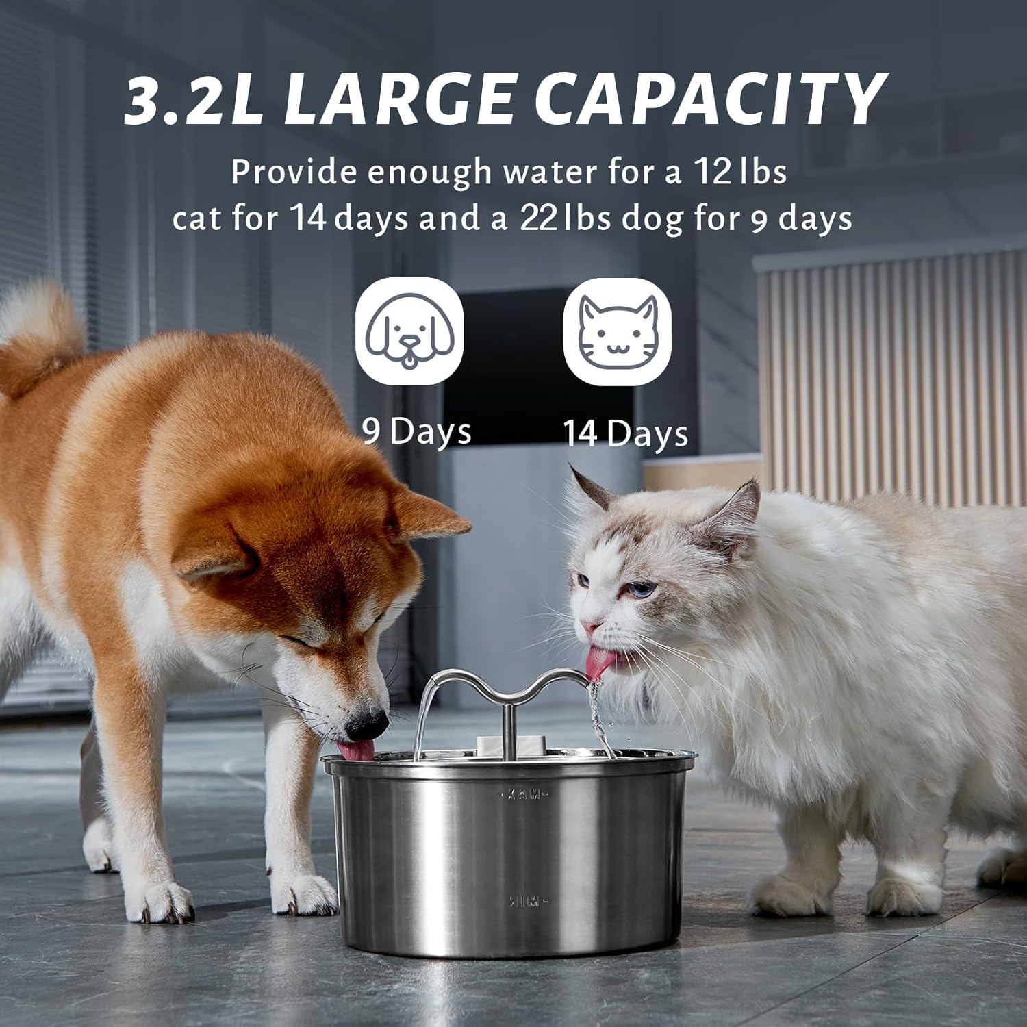 Stainless Steel Automatic Pet Water Fountain with Ultra-Quiet Pump, 3.2L Capacity, Includes Filters and Sponges