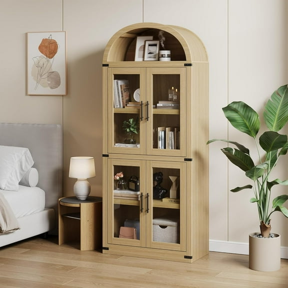 Arched Bookshelf with Doors and Drawers Farmhouse Bookcase 15.83in Depth Display Storage Shelves 71.4in Tall Wooden Display Cabinet Rounded Bookcases