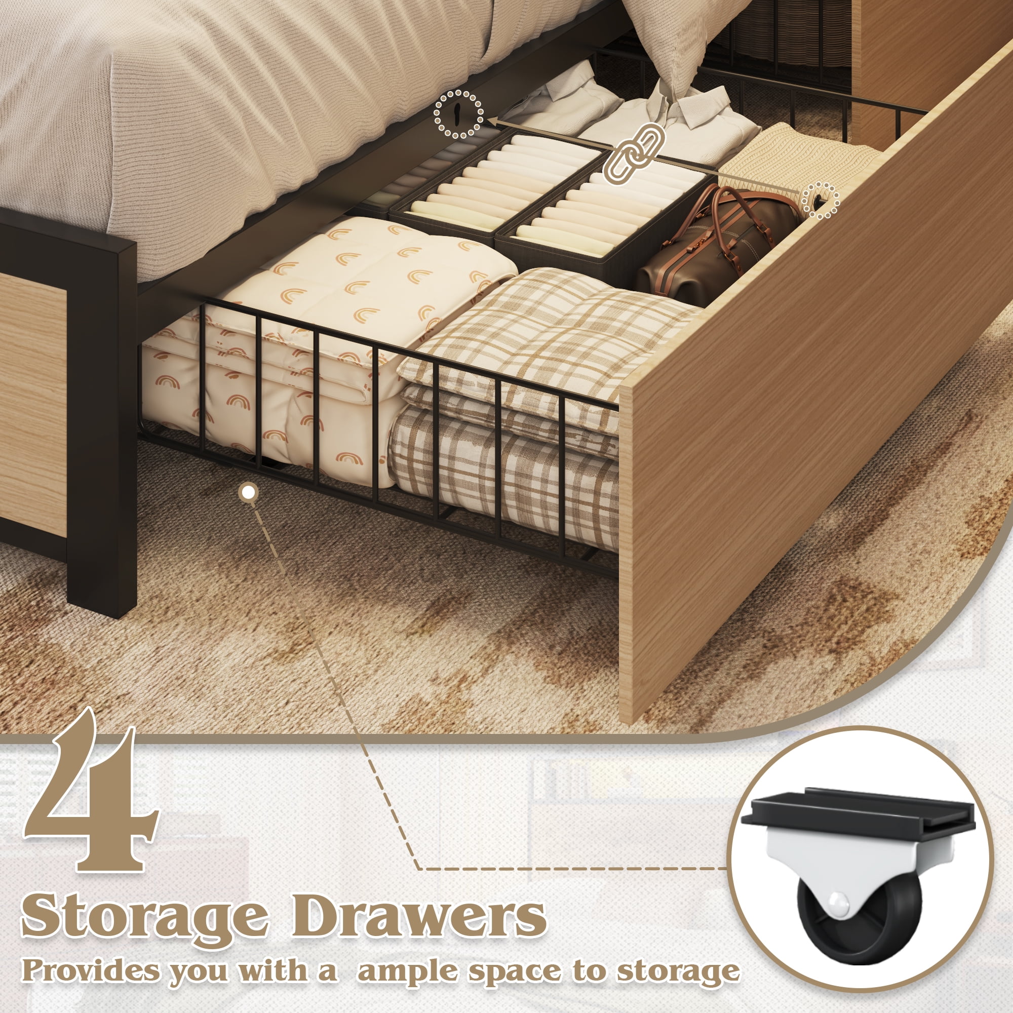 Fluest King Bed Frame with 2-Tier Storage Headboard, USB Port and LED Light, 4 Storage Drawers, Beige