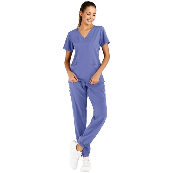 Minty Mint, Women's, Solid Stretch Medical Uniform Scrub Set V Neck Top Cargo Tapered Jogger Pants, Ceil Blue, S