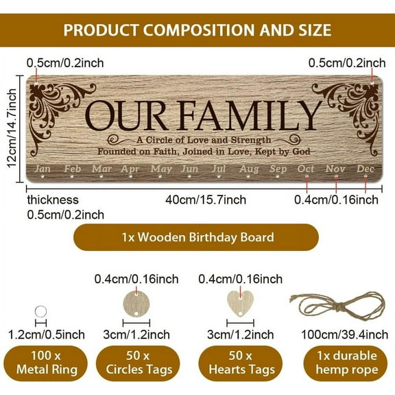 1 Set Wooden Floral Family Birthday Reminder Calendar Plaque Our Family Celebrations Calendar Wall Hanging with 100 Tags for Birthday Party Decoration 4.7x15.7inch(12x40cm)