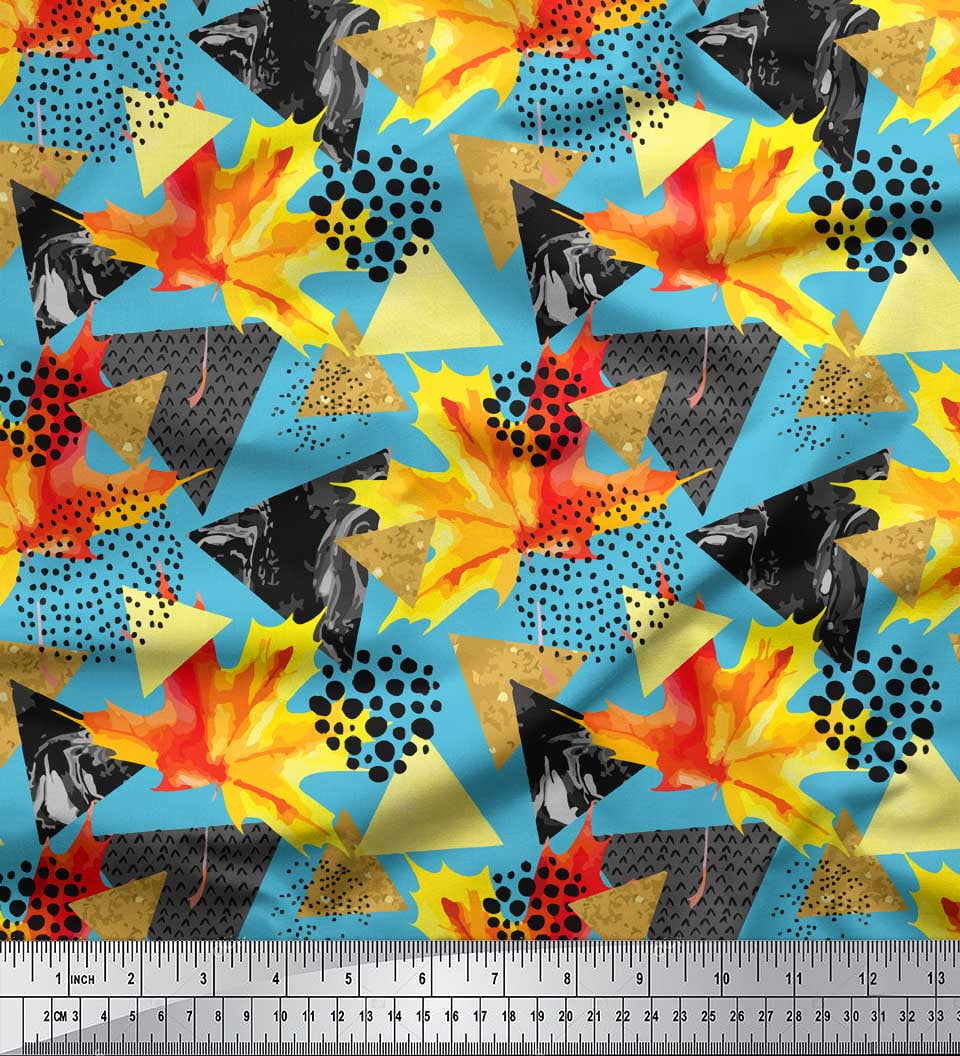 Soimoi Blue Heavy Satin Fabric Triangle,Autumn Leaves & Brush Stroke Abstract Printed Craft Fabric by the Yard 54 Inch Wide