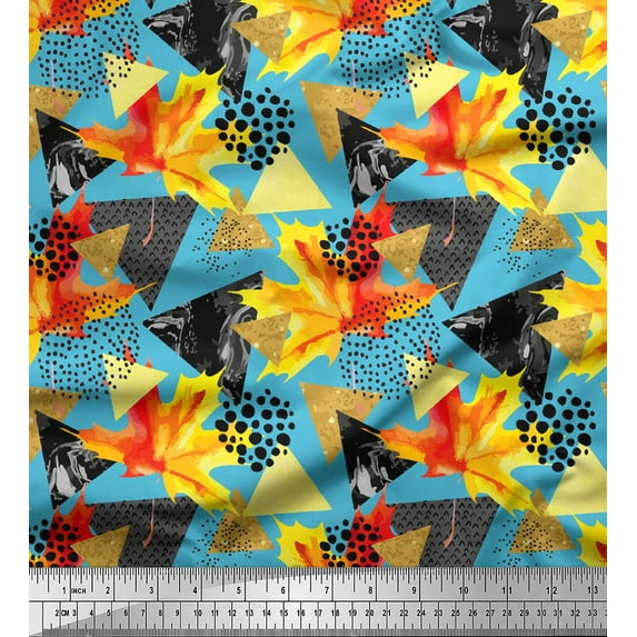Soimoi Blue polyester Crepe Fabric Triangle,Autumn Leaves & Brush Stroke Abstract Decor Fabric Printed Yard 42 Inch Wide