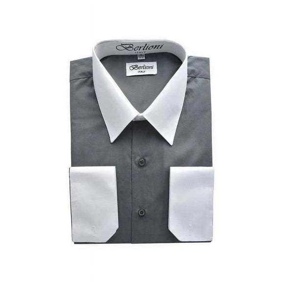 Men's Berlioni Two Tone French Contrast Convertible Cuff Long Sleeve Dress Shirt (Charcoal,XL 32/33)
