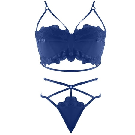 

DNDKILG Lace Sexy Bra and Panty Set for Women Strappy Lingerie Set Nightwear Soft Two Piece Babydoll Blue S