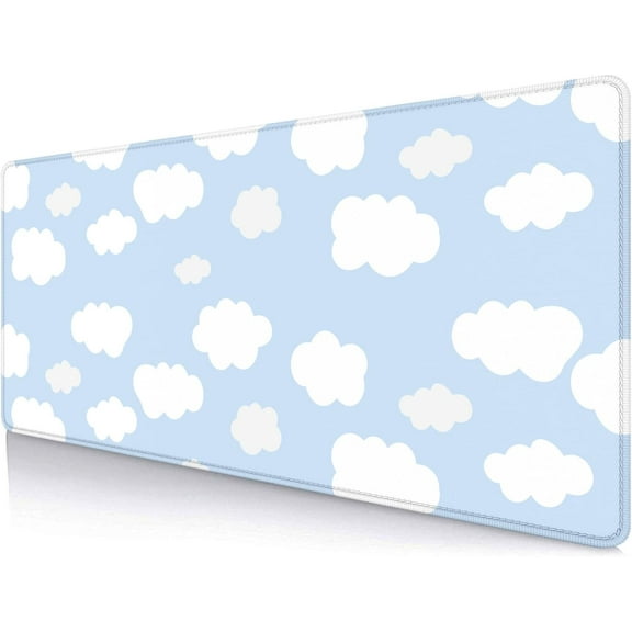 Blue Sky with Clouds Desk Mat, Cute Large Mouse Pad, Blue Desk Pad, Non-Slip Rubber Base with Stitched Edges Deskmat, 31.5 X 11.8 Inch