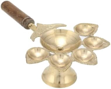 Metal Panch Aarti/Pooja 5 Face Aarti Oil Lamp/Diya/Deepak/Dhoop/Jyoti With Wooden Handle (Approx. 12.7 x 11.9 x 4.5 Cm)