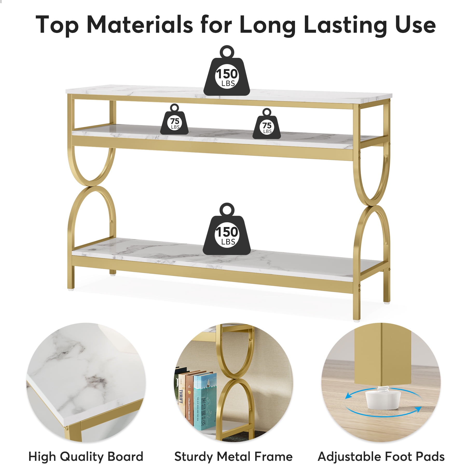 Tribesigns Modern 3 Tiers Console Table, 55 inch Faux Marble Sofa Entryway Tables with Storage Shelves for Living Room, Hallway and Foyer, White & Gold