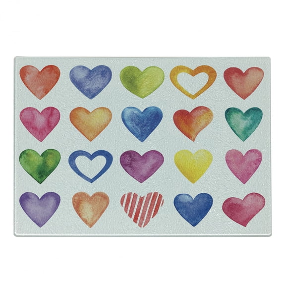 Grunge Cutting Board, Rainbow Color Heart Shapes Valentine's Day Design Romantic His and Hers Theme, Decorative Tempered Glass Cutting and Serving Board, Small Size, Red Blue Yellow, by Ambesonne