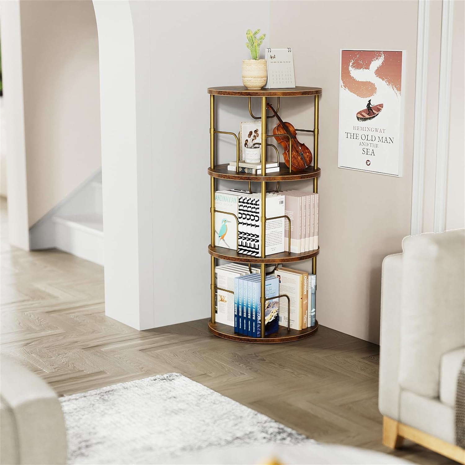 Flycity 3 Tier Rotate Bookcases, 360° Display Spin Bookcases Corner Shelf with Special Visible Partition Storage, Gold