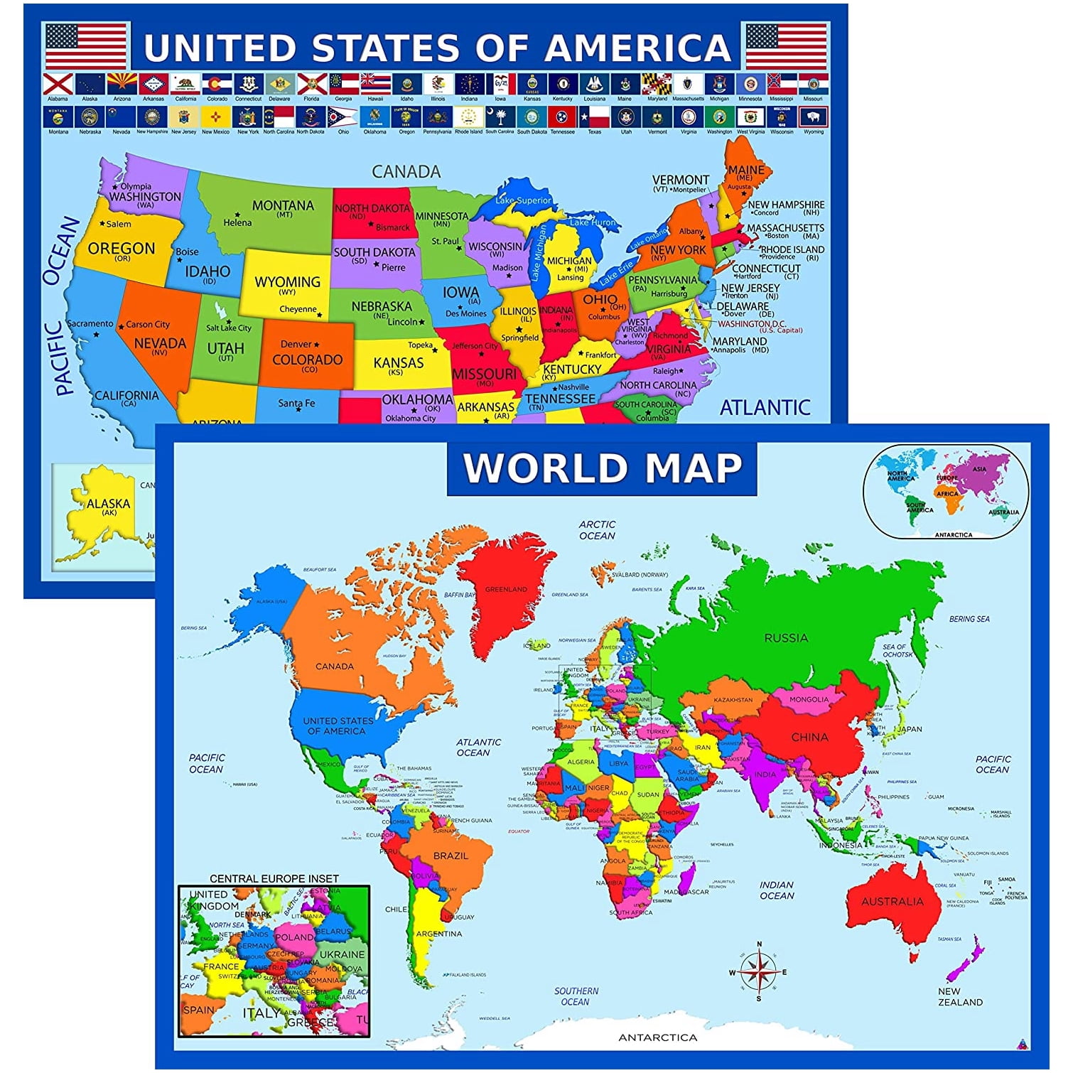 World Map Poster And Usa Map With Extra Features Laminated