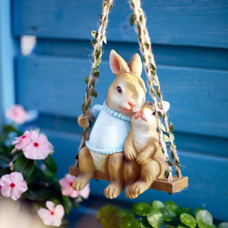 Blue Outdoor Lawn Yard Animal Figurine Sculpture Ornament Decor Nobranded Cute Resin Garden Swing Rabbit Statue Decoration