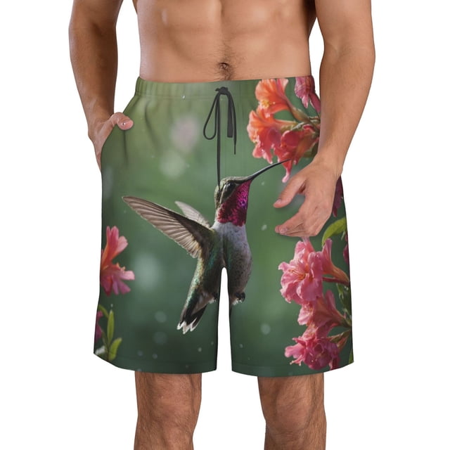 Sikiie Humming Bird 1 Print Men's Beach Shorts, High Elastic Quick-drying Shorts - with Drawstring and Slip Pockets, Suitable for Beach, Sports, Vacation-XX-Large