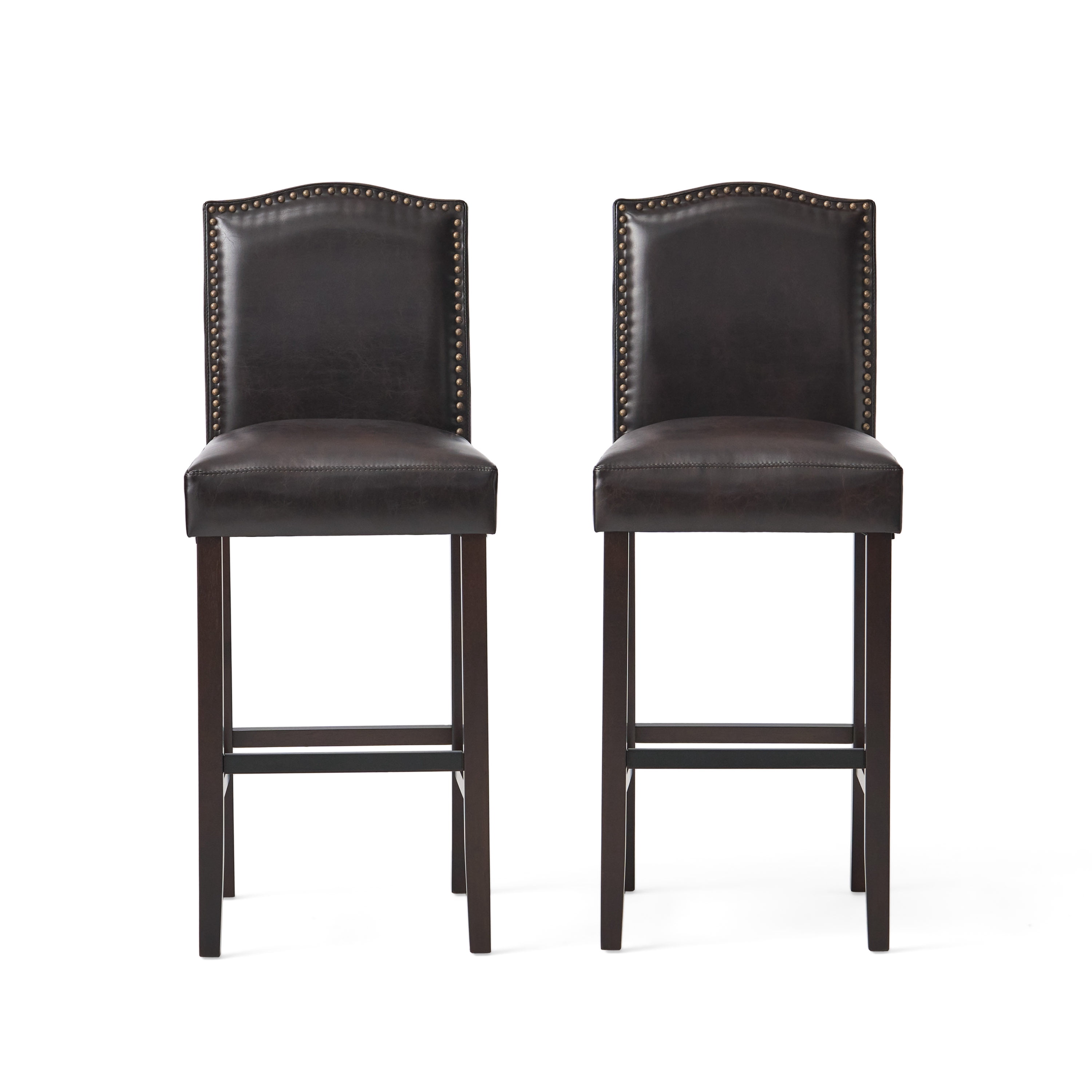 Noble House Merritt Bonded Leather Upholstered Barstool, Set of 2, Brown and Walnut