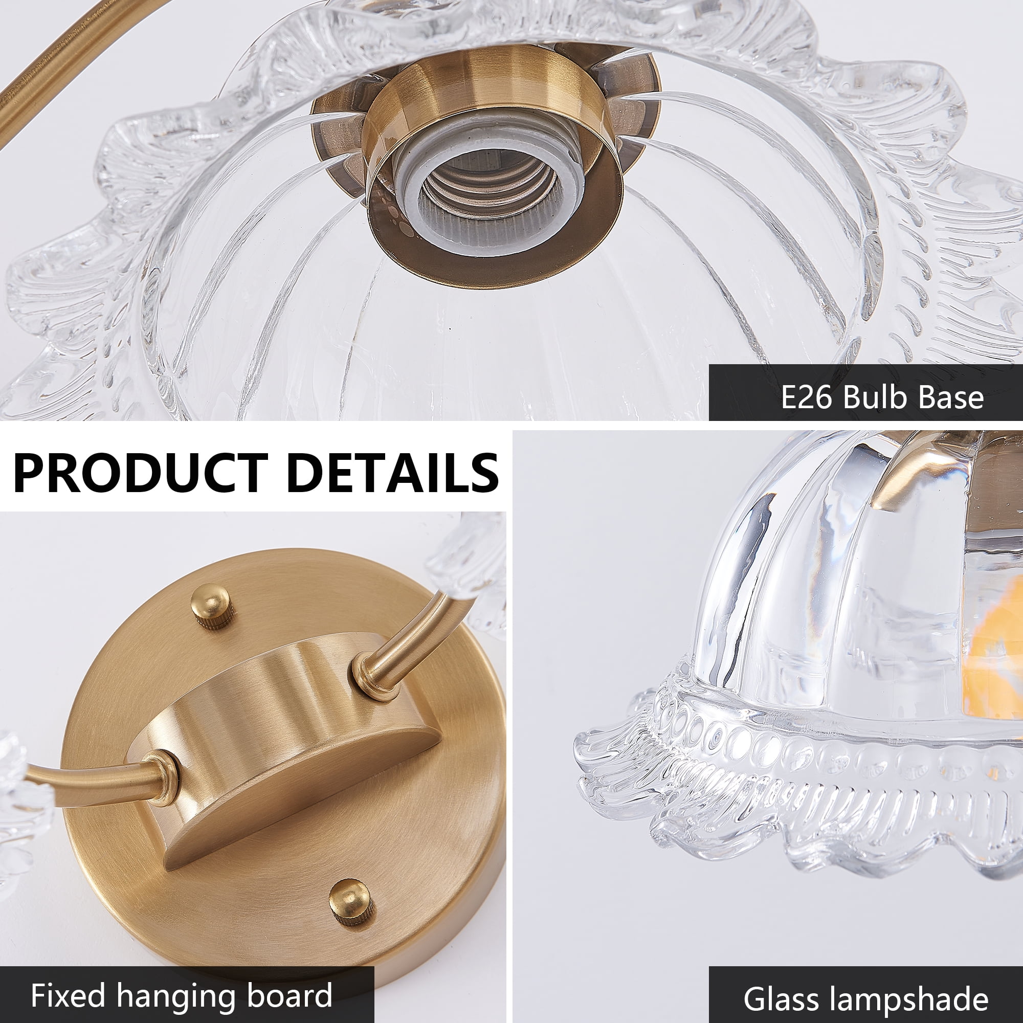 HomArltek 20 Inch Gold 2-Light Vintage Bathroom Wall Sconce – Elegant Gold Metal and Glass Lampshade Vanity Light Fixture for Bathroom, Hallway, or Bedroom (Bulb Not Included)