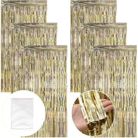 SPOKKI 6 Pcs Metallic Foil Fringe Door Curtain Hanging Decoration, Fringe Curtain 3.2 ft x 6.6 ft Glitter Curtain for Christmas Halloween Birthday Decoration (Champagne Colour)