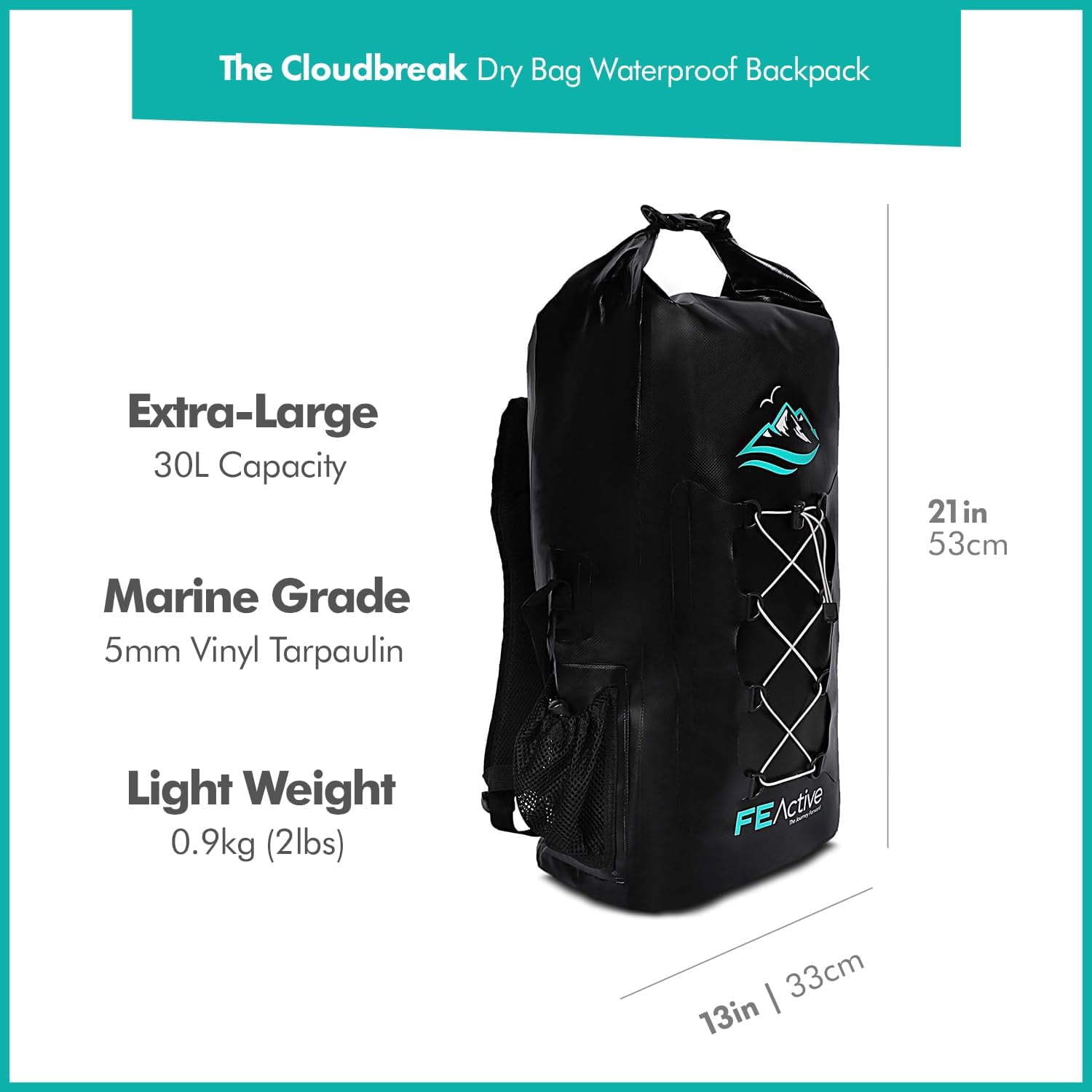 FE Active Dry Bag Waterproof Backpack - 30L Eco Friendly Bag for Fishing, Travel, Hiking, Beach Gear