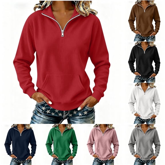 RongHuan Womens Quarter Zip Pullover Casual Long Sleeve Shirts Half Zip Sweatshirt Trendy Solid Corduroy Tops