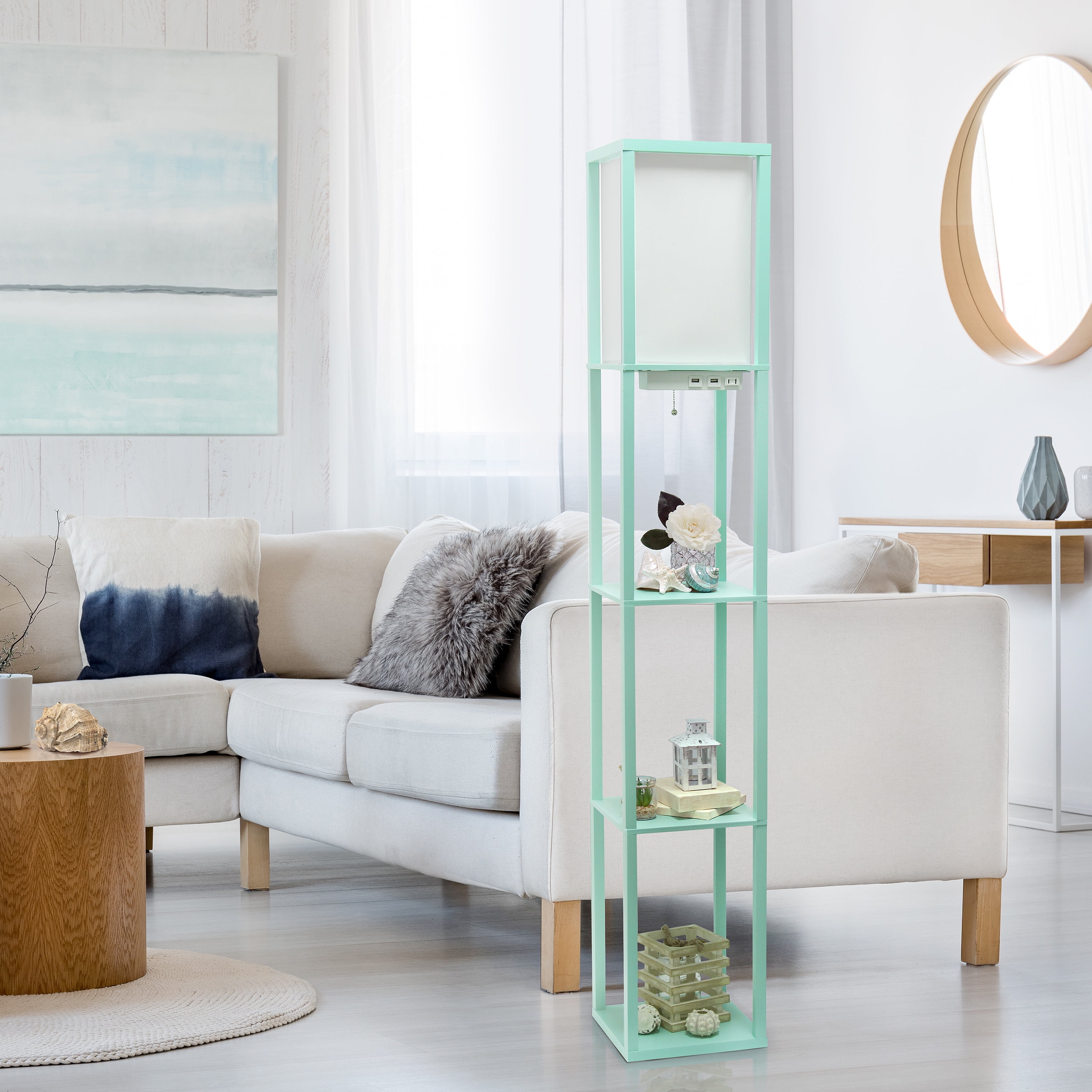 Simple Designs 62.5" 3-Shelf Etagere Floor Lamp with USB, Outlet & LED Bulb, Aqua