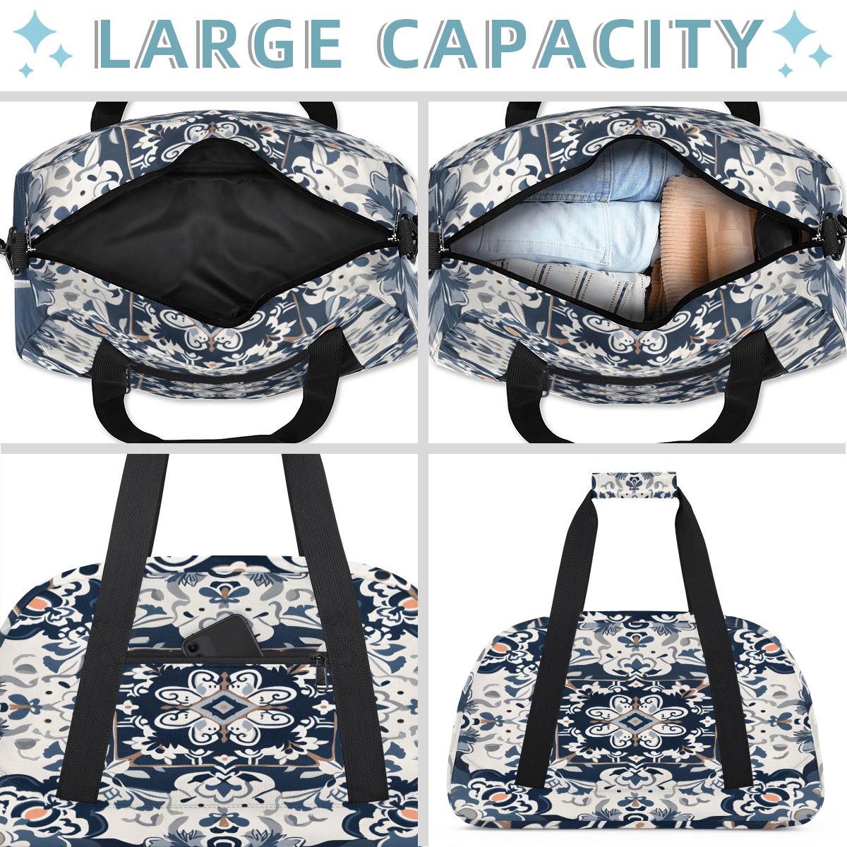Herdesigns Boho Bohemian Sports Duffle Bag for Women & Men, Vintage Floral Gym Bag Dance Bag Overnight Bag Carry On Weekender Travel Bag