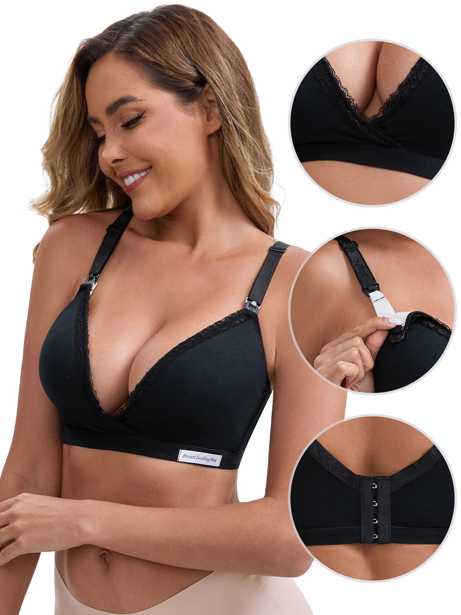 DARING DIVA Lace Trim Nursing Bra Deep V Crossover Adjustable Straps S Black