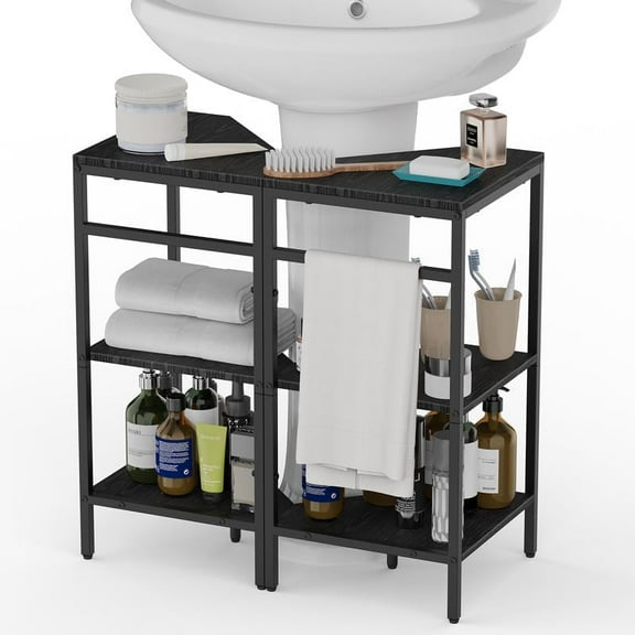 Pedestal Sink Storage, 2 Pack Under Sink Organizer Shelf Bathroom Under Vanity Storage Shelf for Small Space, Bathroom Organizers Rack Stand 3 Tier Wooden Corner Shelves, Rustic Brown