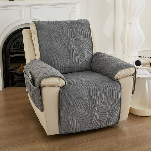 Nvzi Funda de sofá acolchada con hojas, funda para sofá reclinable, funda para sofá de sala de estar, fácil de ajustar, lavable, protector de sofá de 23,62 x 88,58 pulgadas (gris oscuro)