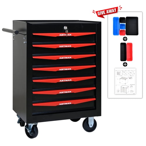 POVANLI 7 Drawer Portable Tool Box With Wheels,20" Tool Chest With Key Locking Tool Boxes/Organizers Black&Red