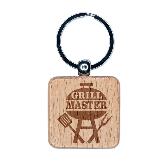 Grill Master Grilling BBQ Square Keychain Charm Tag - Engraved Wood
