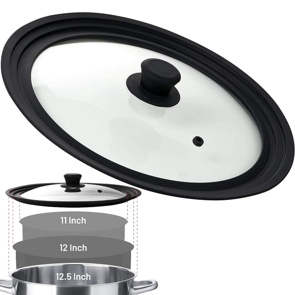 Bezrat Tapa redonda universal para sartenes, ollas y sartenes de vidrio templado con ventilación - Borde graduado para utensilios de cocina de 11", 12" y 12,5 pulgadas - Pomo resistente al calor - Apt
