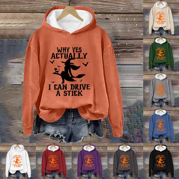 YVNAURA Women's Funny Witch Halloween Sweatshirt Why Yes Actually I Can Drive A Stick Graphic Long Sleeve Pullover Tops Crew Neck Sarcastic Fall Outfits for Women Spooky Tee, Orange,L