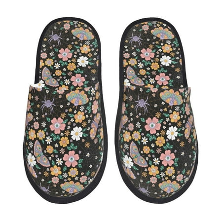 Balery Floral Insects Slient Indoor Furry Fleece Comfort House Shoes Soft Non-Slip Home Shoes Cotton slippers House Slippers-- Large