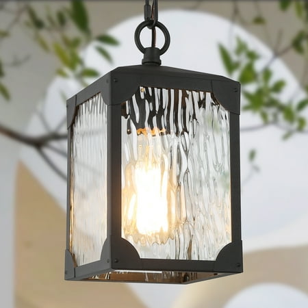 

LNC 1-Light Modern Farmhouse Black Lantern Square Outdoor Pendant Light with Water Ripple Glass Shade Adjustable Hanging Black Porch Pendant light Black entry porch lights H10 xD5