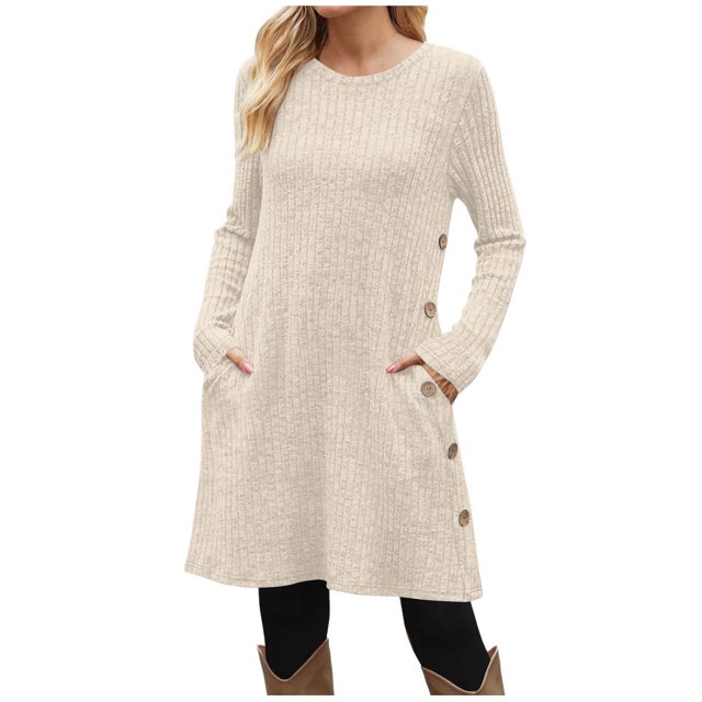 SHTXOZHI Robe Chandail en Tricot à Manches Longues et Col Ras du Cou Décontractée d'Automne et d'Hiver pour Femmes avec Poches