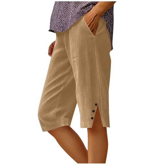 Womens Corduroy Elastic Waist Shorts Side Split Comfy Athletic Shorts Summer Stretch Lightweight Solid Color Sport Shorts with Pocket