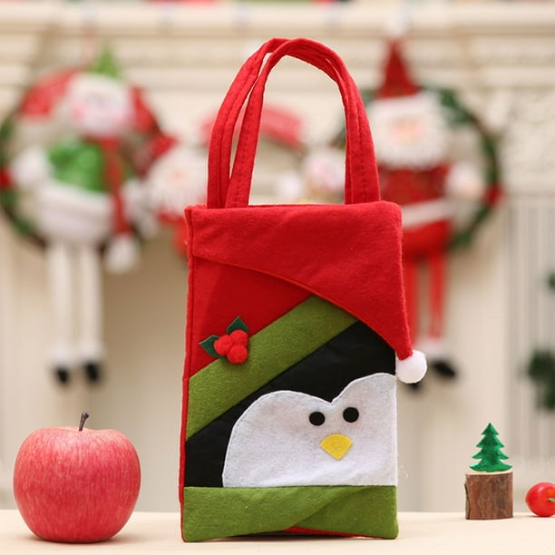 Bolsas de regalo navideñas, bolsa de fieltro con estampado de pingüino, 21,8 x 15 cm, bolsas de Nochebuena con forma de manzana, bolsas reutilizables para regalos de Navidad, suministros para rellenar