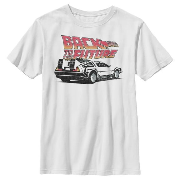 Boy's Back to the Future DeLorean Cartoon Graphic Tee White Medium