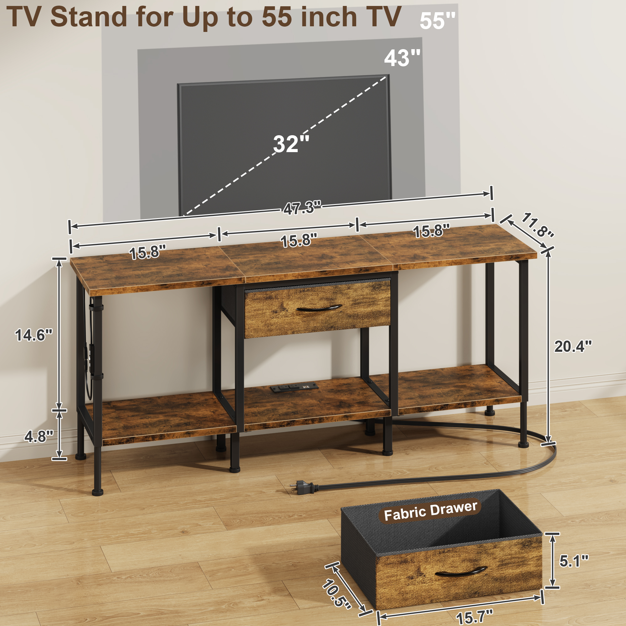 GYIIYUO 55 inch TV Stand with LED Lights, Power Outlets & Fabric Drawer, Rustic Brown Entertainment Center with Storage for Living Room, Bedroom
