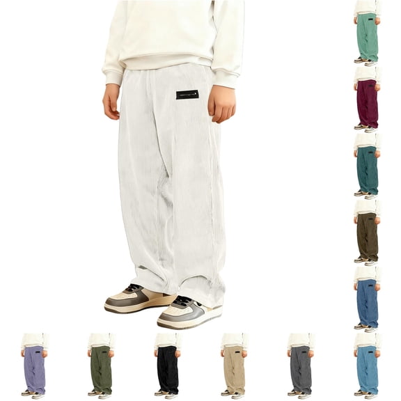 CUZIBR Boys Corduroy Pants Classic Textured Straight Wide Leg Casual Trousers For Kids Soft Loose Comfortable Solid Color Relax Fit Baggy Pants For Little Boys,White,7-8 Years