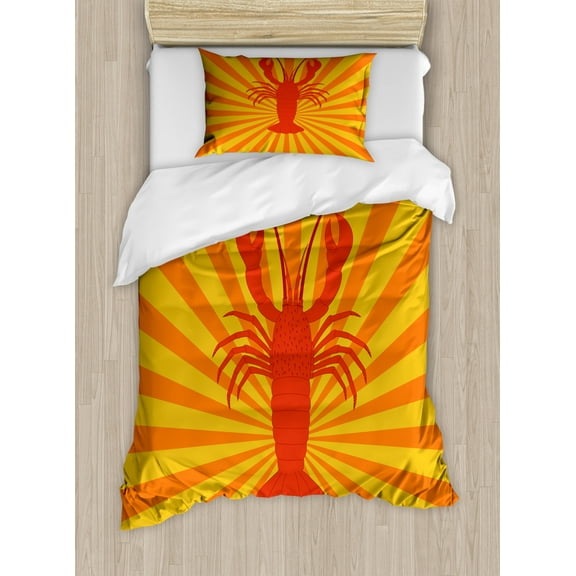 Lobster Duvet Cover Set Twin Size, Aquatic Animal Lobster Figure on Starburst Pattern Illustration, Decorative 2 Piece Bedding Set with 1 Pillow Sham, Yellow Orange and Vermilion, by Ambesonne